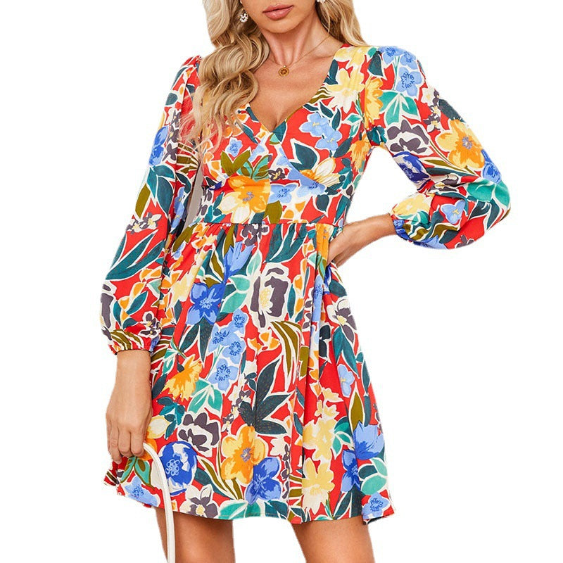 Damen Minikleid mit schmalem V-Ausschnitt und langen Puffärmeln Drune