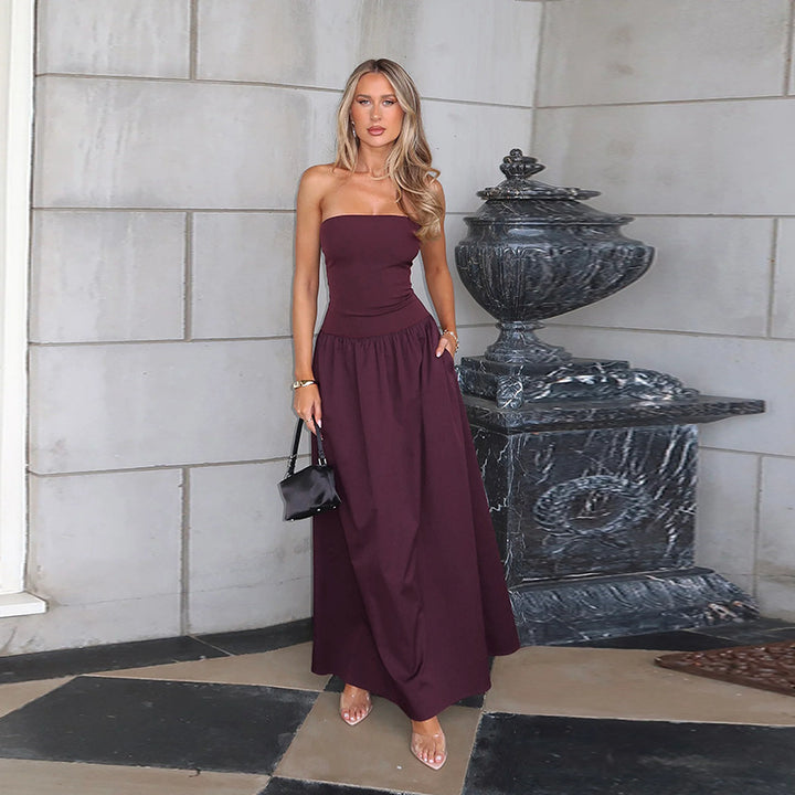 Damen elegantes Bandeau-Maxi-Kleid mit schwingendem Rock und elastischem Bund Drune