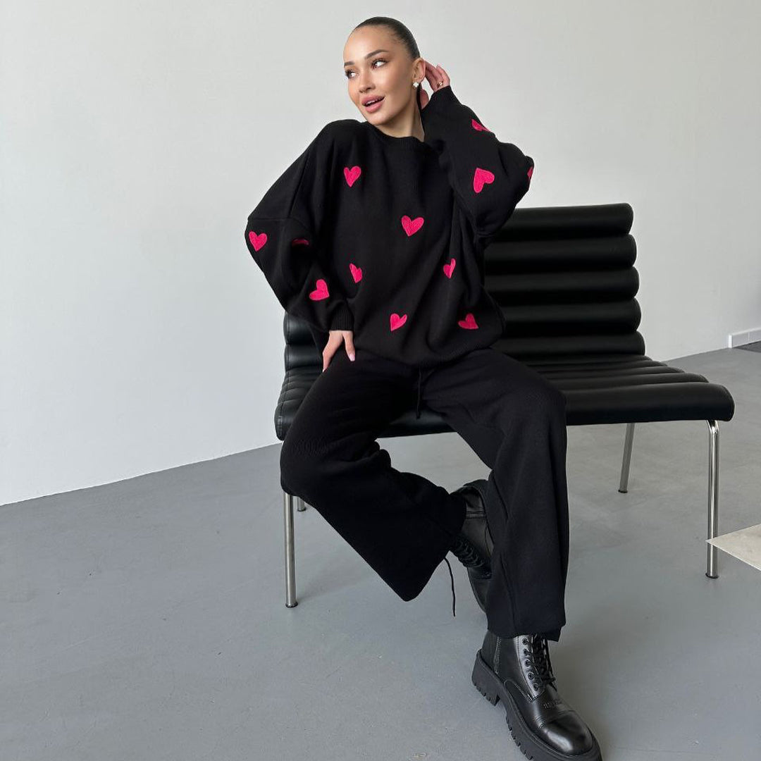 Damen lässiger Strickpullover mit Herzmotiven Drune