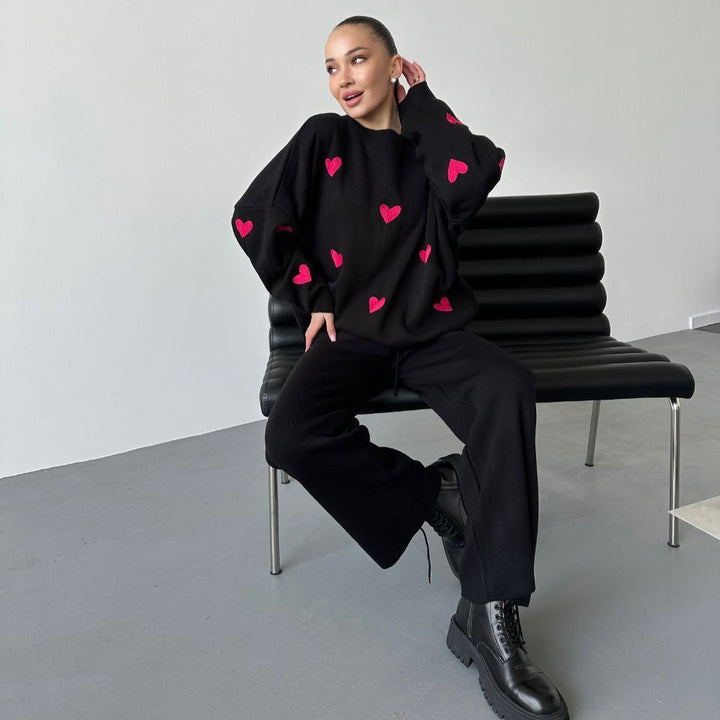 Damen lässiger Strickpullover mit Herzmotiven Drune