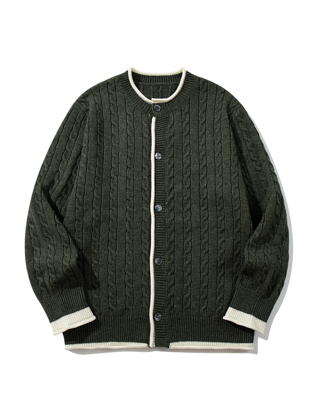 Unisex Kabelstrick-Cardigan mit Rundhals, kontrastierten Bündchen und durchgehender Knopfleiste Drune
