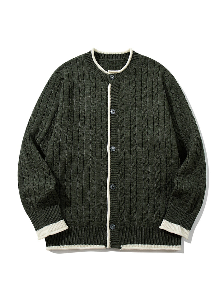 Unisex Kabelstrick-Cardigan mit Rundhals, kontrastierten Bündchen und durchgehender Knopfleiste Drune