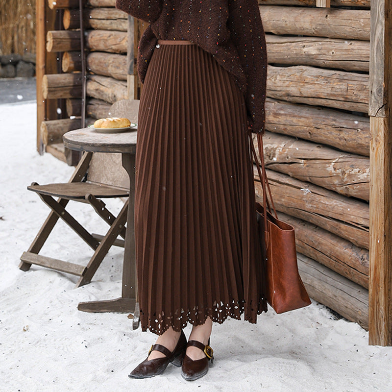 Damen nan plissierter Midirock mit feinem Plissee, elastischem Taillenbund und floraler Lasercut-Saum Drune