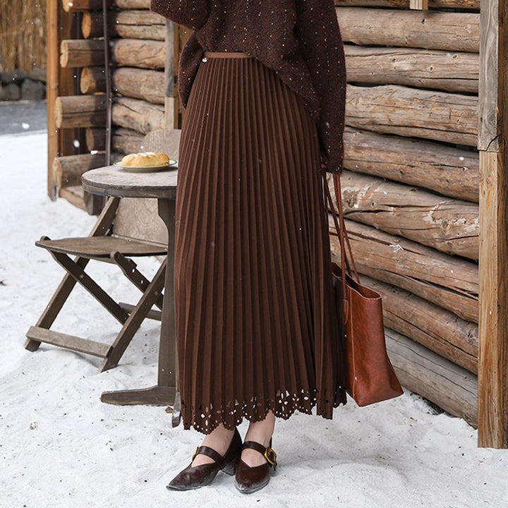 Damen nan plissierter Midirock mit feinem Plissee, elastischem Taillenbund und floraler Lasercut-Saum Drune
