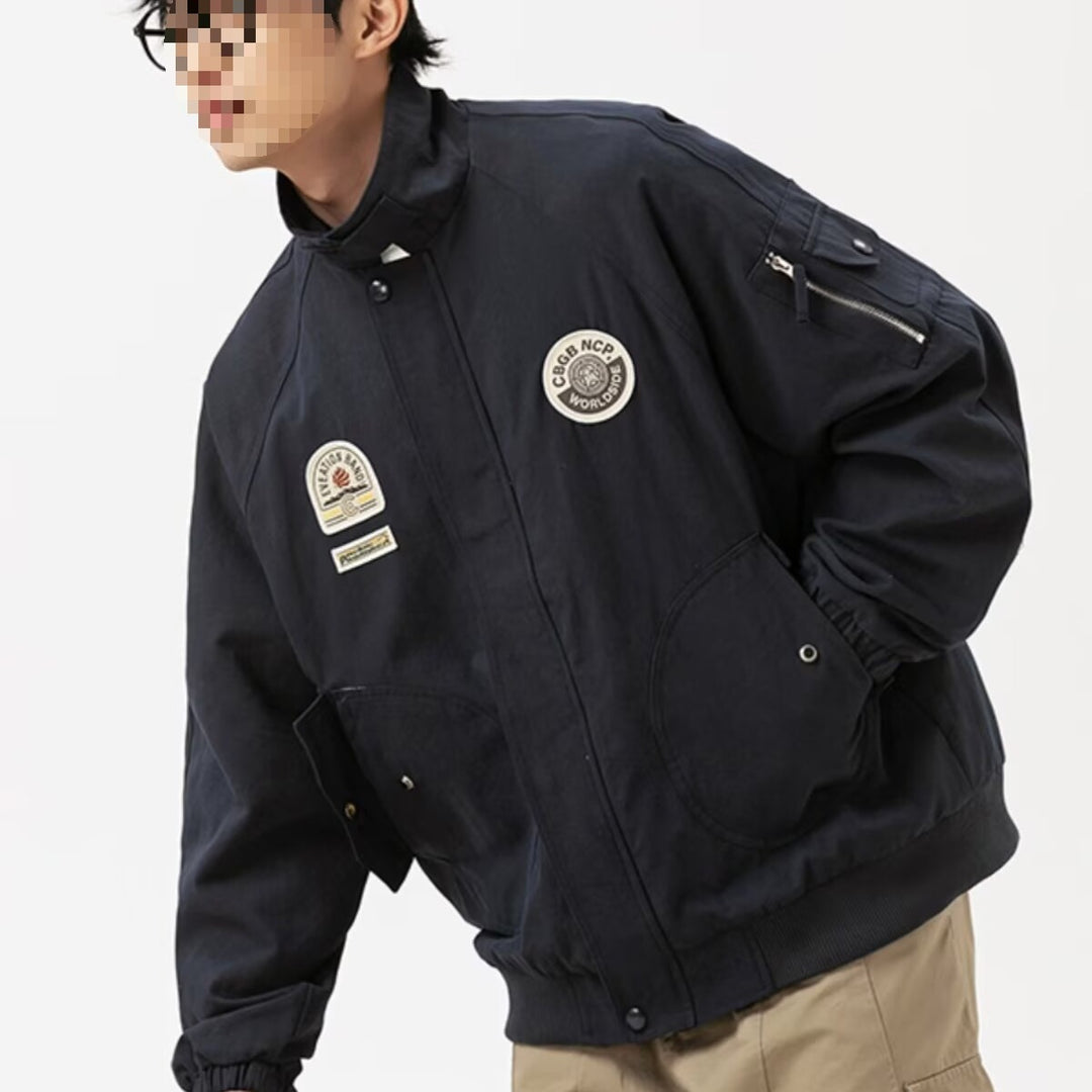 Herren Overshirt-Bomberjacke im Military-Look mit Emblem‑Patches, Ärmeltasche & geripptem Saum Drune