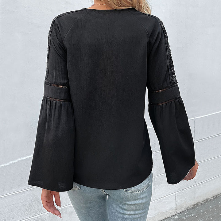 Damen Lässige V‑Ausschnitt-Bluse mit Kapuzenband & Spitzeneinsatz an den Schultern Drune