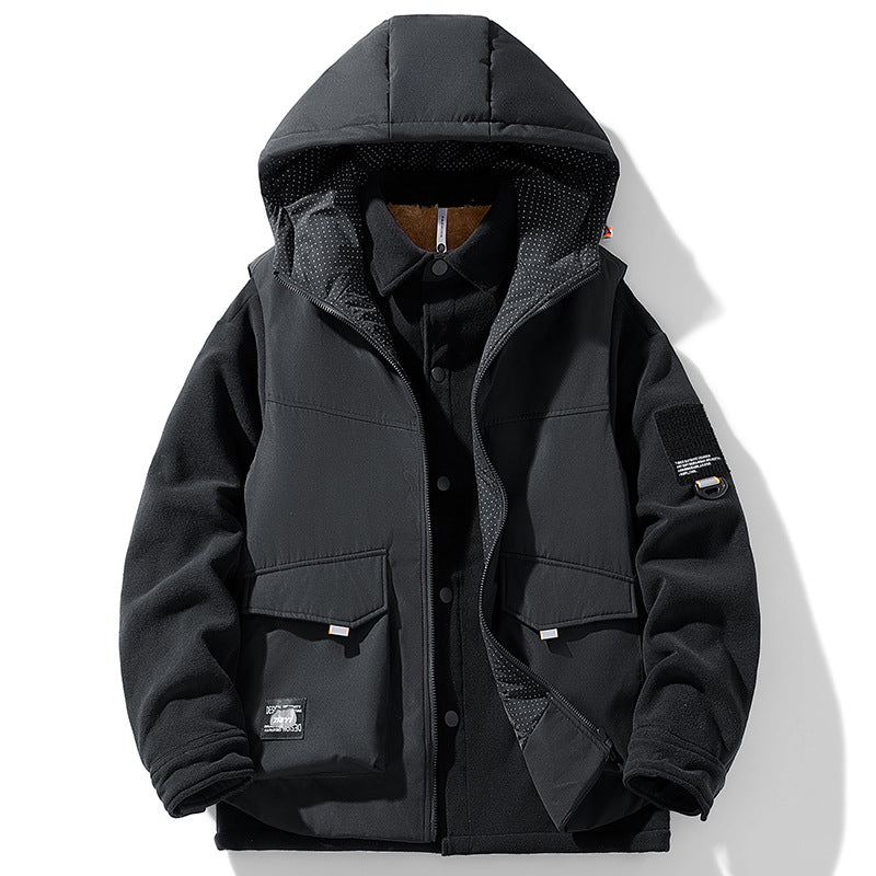 Herren Wärmende Outdoor-Kapuzenjacke mit Fleece-Innenlayer und Multifunktionstaschen Drune