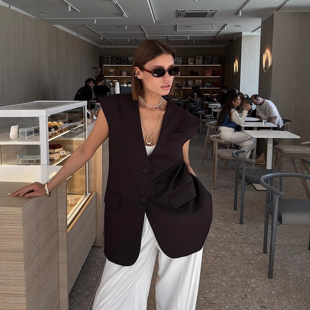 Damen Ärmellose Longblazer-Weste mit strukturierten Schultern und langen Bindebändern Drune