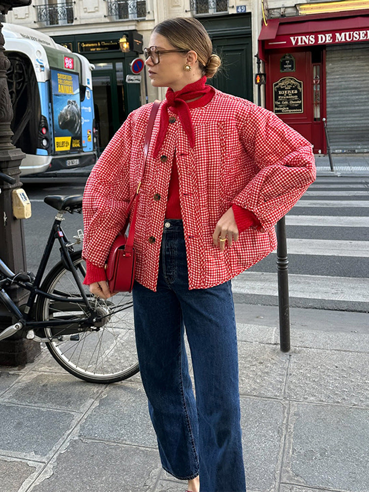 Damen Gepolsterte karierte Boxy-Steppjacke mit Knopfverschluss Drune