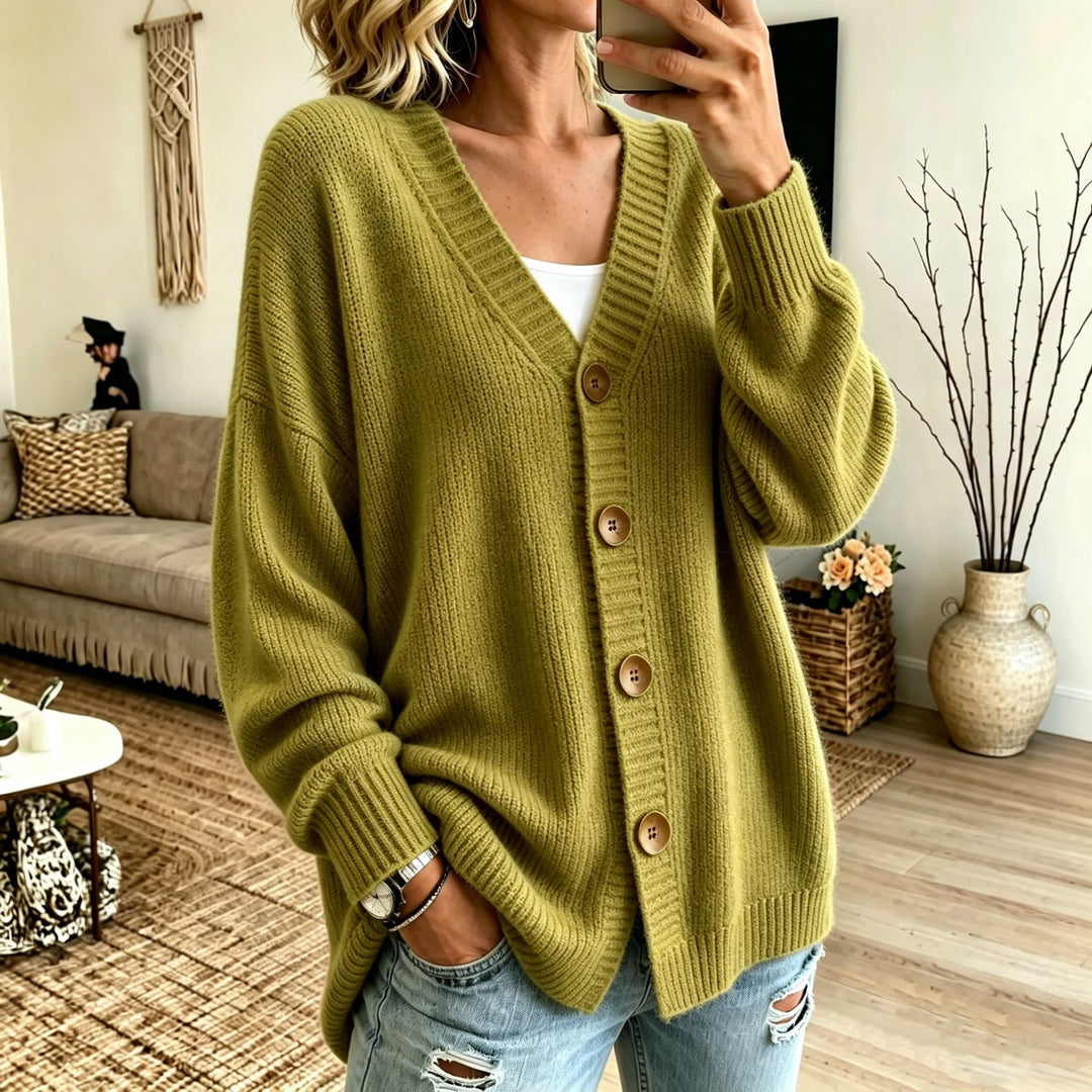 Damen Lockerer Longline-Cardigan mit tiefem V-Ausschnitt und Holzknöpfen Drune