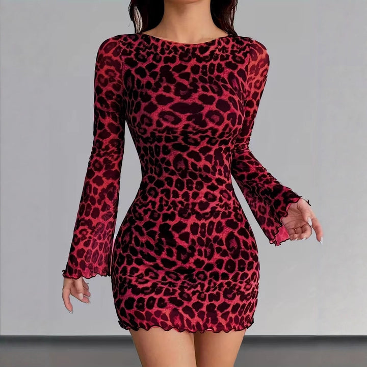 Damen Figurbetontes Mesh-Minikleid mit Leo-Print und Langarm Drune