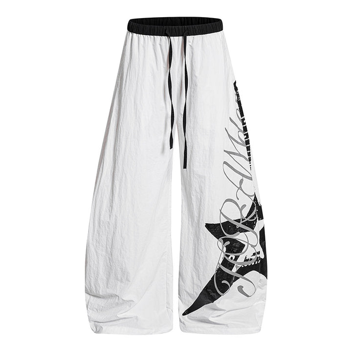 Damen Weite Palazzo-Hose mit Tunnelzugbund und großflächigem Statement-Print Drune