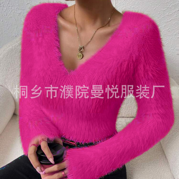 Damen Flauschiger Crop-Pullover mit V-Ausschnitt und Eyelash-Struktur Drune