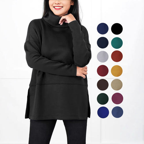 Damen Oversize Sweat-Tunika mit hohem Rollkragen, seitlichen Schlitzen und verlängertem Saum Drune