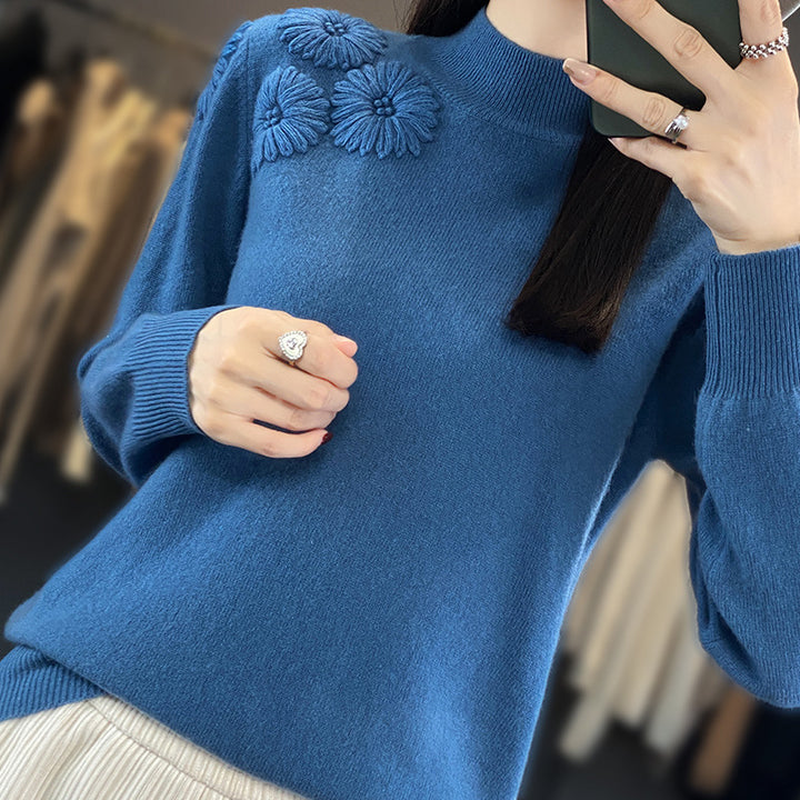 Damen Weicher Feinstrickpullover mit kurzem Stehkragen, 3D‑Blütenapplikation und gerippten Bündchen Drune