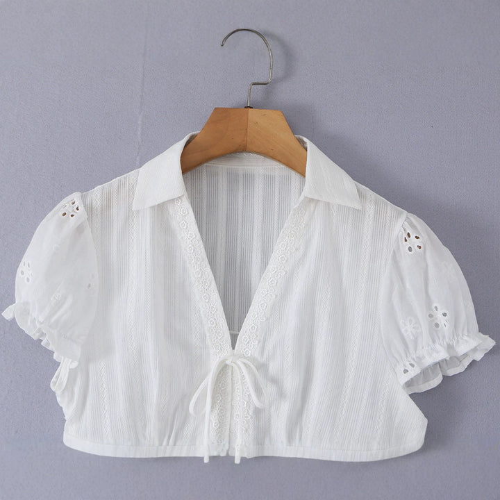 Damen Broderie-Anglaise Bluse mit Puffärmeln, Taillenbetonung und vorderer Bindung Drune