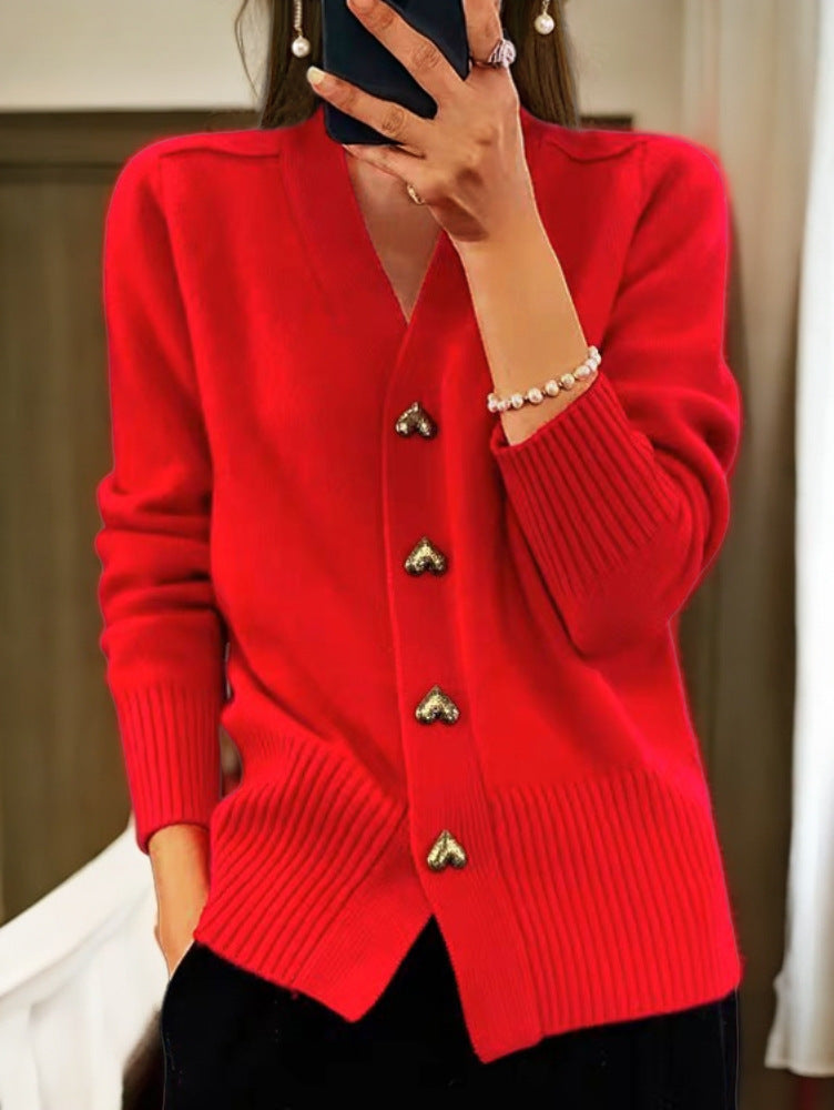 Damen kuschelige Strickjacke mit Herzknöpfen und V-Ausschnitt Drune