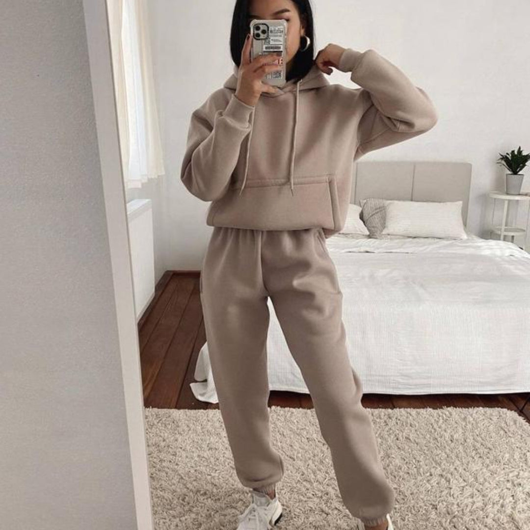 Damen sportliches Fleece-Joggingset mit Kapuze und elastischem Bund Drune