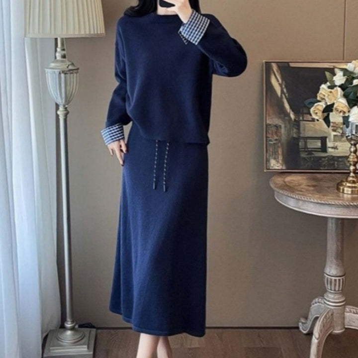 Damen Elegantes Strickkleid mit abnehmbarem Blusenkragen und Tunnelzug Drune