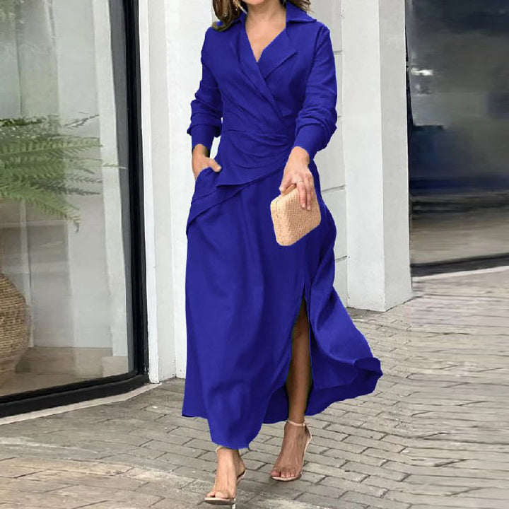 Damen Elegantes Wickelkleid mit tailliertem Schnitt und langen Ärmeln Drune