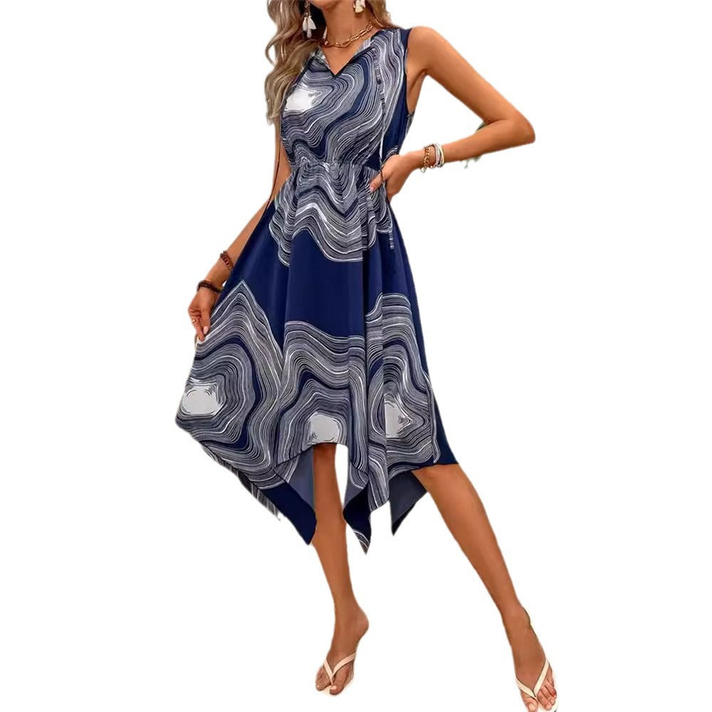 Damen asymmetrisches Sommerkleid mit Wellenmuster und V-Ausschnitt Drune