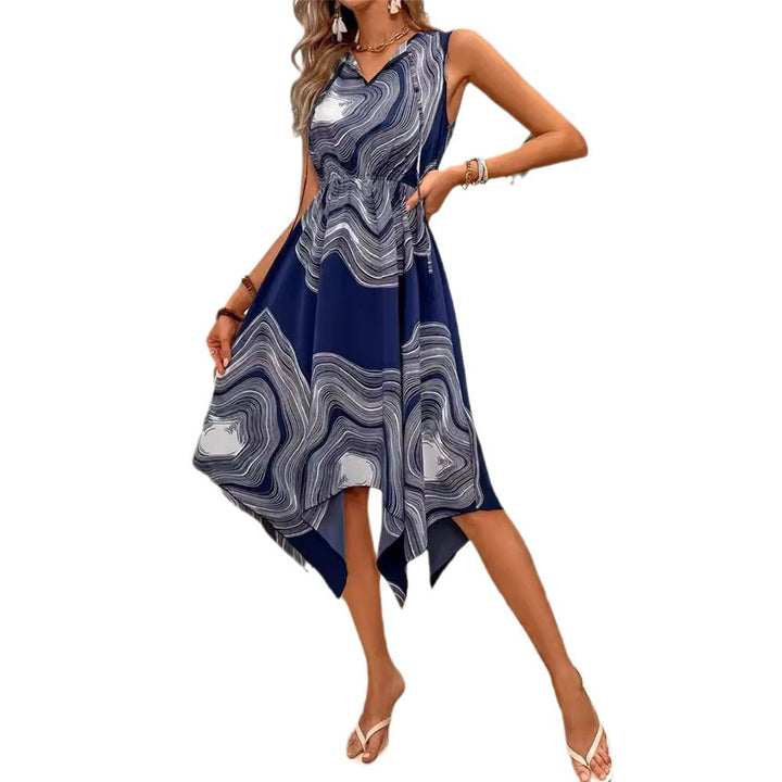 Damen asymmetrisches Sommerkleid mit Wellenmuster und V-Ausschnitt Drune