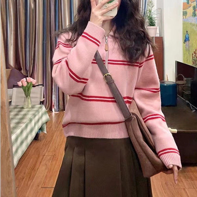 Damen lässiger Strickpullover mit modernem Reißverschluss und farblich abgesetzten Streifen Drune
