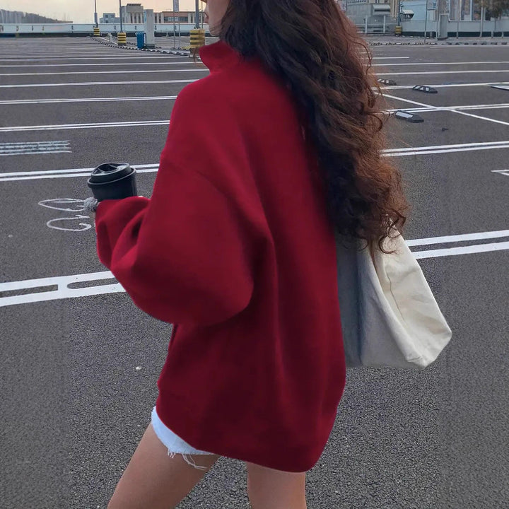 Damen oversized Hoodie mit kurzem Reißverschluss, hohem Stehkragen und Kängurutasche Minimalstick Drune