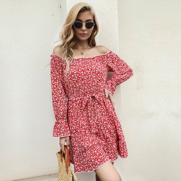 Damen Schulterfreies Blumen-Minikleid mit Taillenschnur und Stufenrock Drune