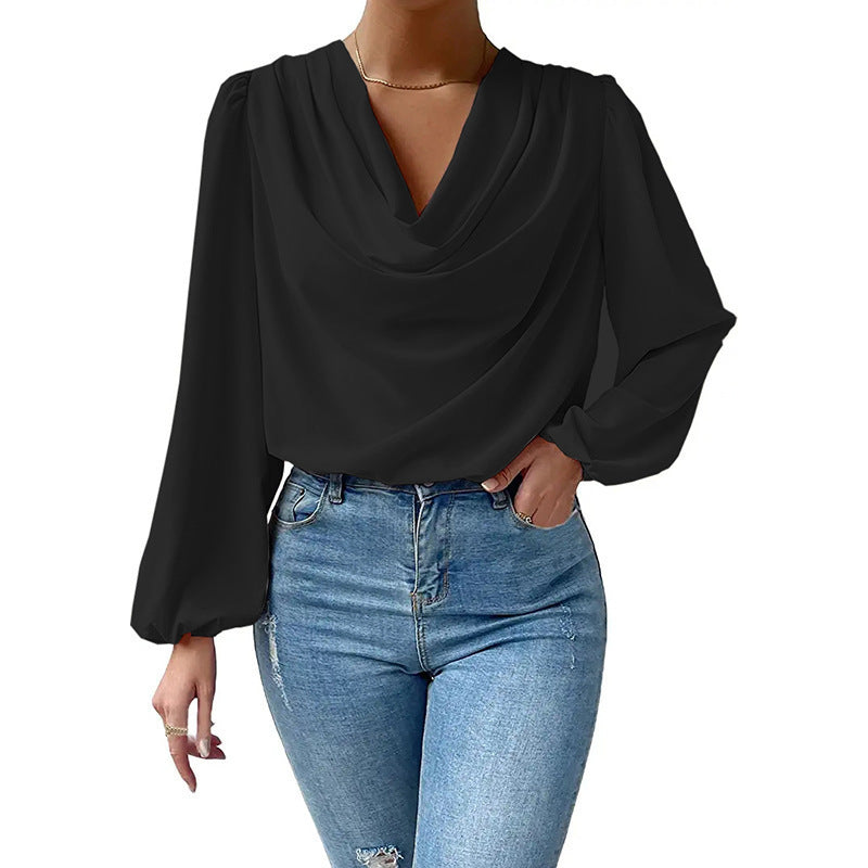 Damen elegante Bluse mit asymmetrischem Halsansatz und langen Ärmeln Drune