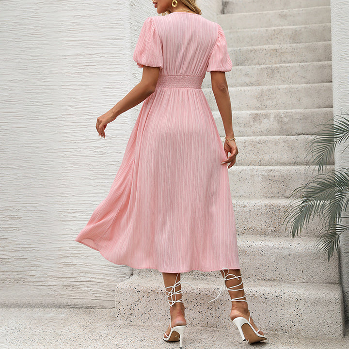 Damen Figurumschmeichelndes Midikleid mit Rippstruktur, Puffärmeln und V‑Ausschnitt Drune
