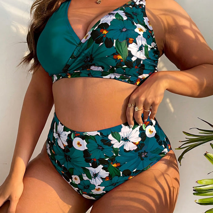 Damen nan Bikini-Set große Größen mit geformtem BH, V-Ausschnitt und hochgeschnittenem Taillenslip Drune