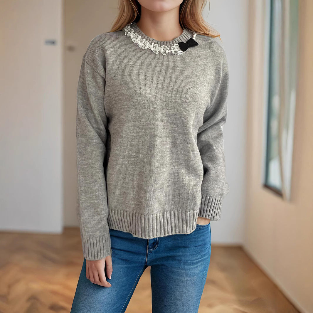 Damen gemütlicher Strickpullover mit Rüschendetails Drune