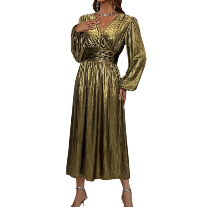 Damen Elegantes Midikleid mit metallischem Glanz und raffinierten Puffärmeln Drune