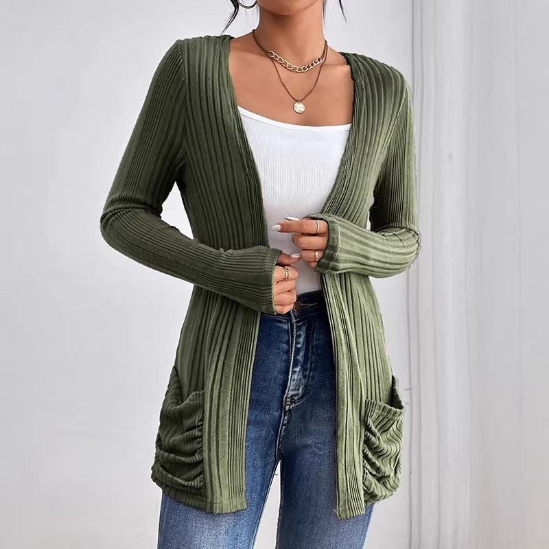 Damen Gerippter Langcardigan mit offener Front, Eingrifftaschen und legerer Passform Drune