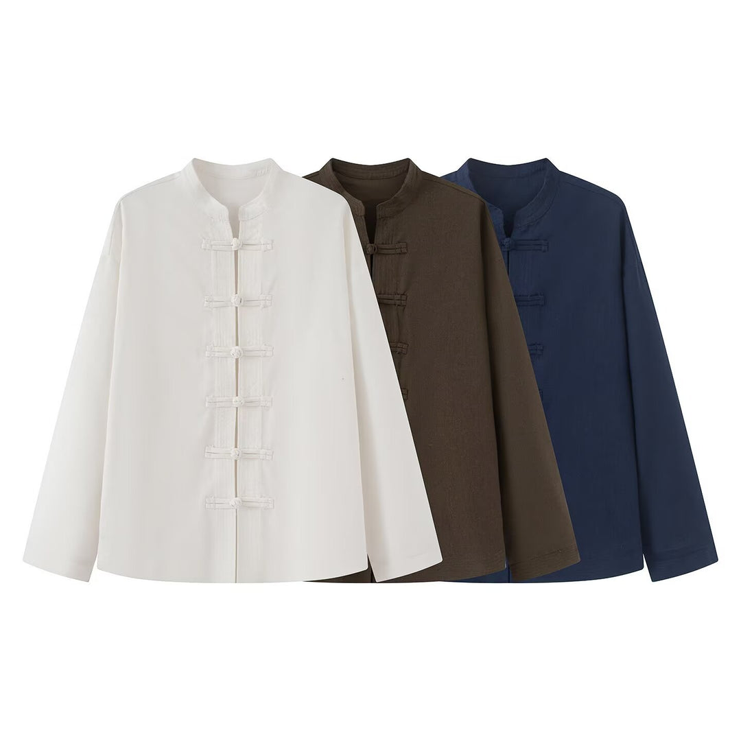 Damen Locker geschnittene Bluse im Mandarin‑Look mit Knotenknöpfen Drune
