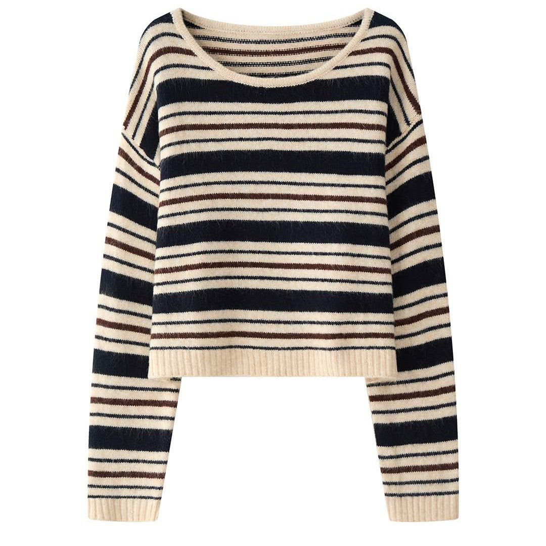 Damen Weicher Oversize-Streifenpullover mit U-Boot-Ausschnitt und Flauschoptik Drune