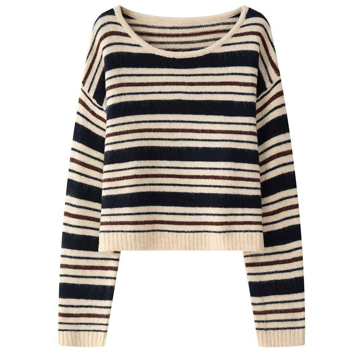 Damen Weicher Oversize-Streifenpullover mit U-Boot-Ausschnitt und Flauschoptik Drune