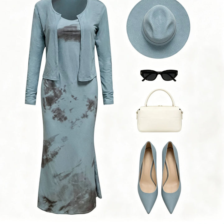 Damen Midikleid-Set mit Kurzcardigan und figurumschmeichelnder Silhouette Drune