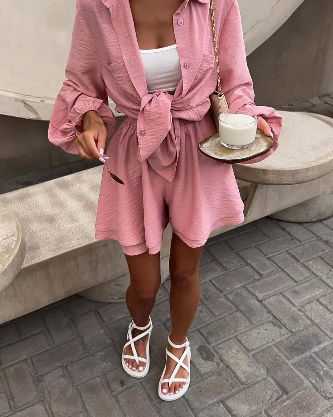 Damen modischer Jumpsuit mit schickem Knoten und lockeren Ärmeln Drune