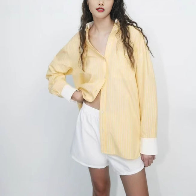 Damen Oversize-Hemdbluse mit Kontrastkragen und Manschetten Drune