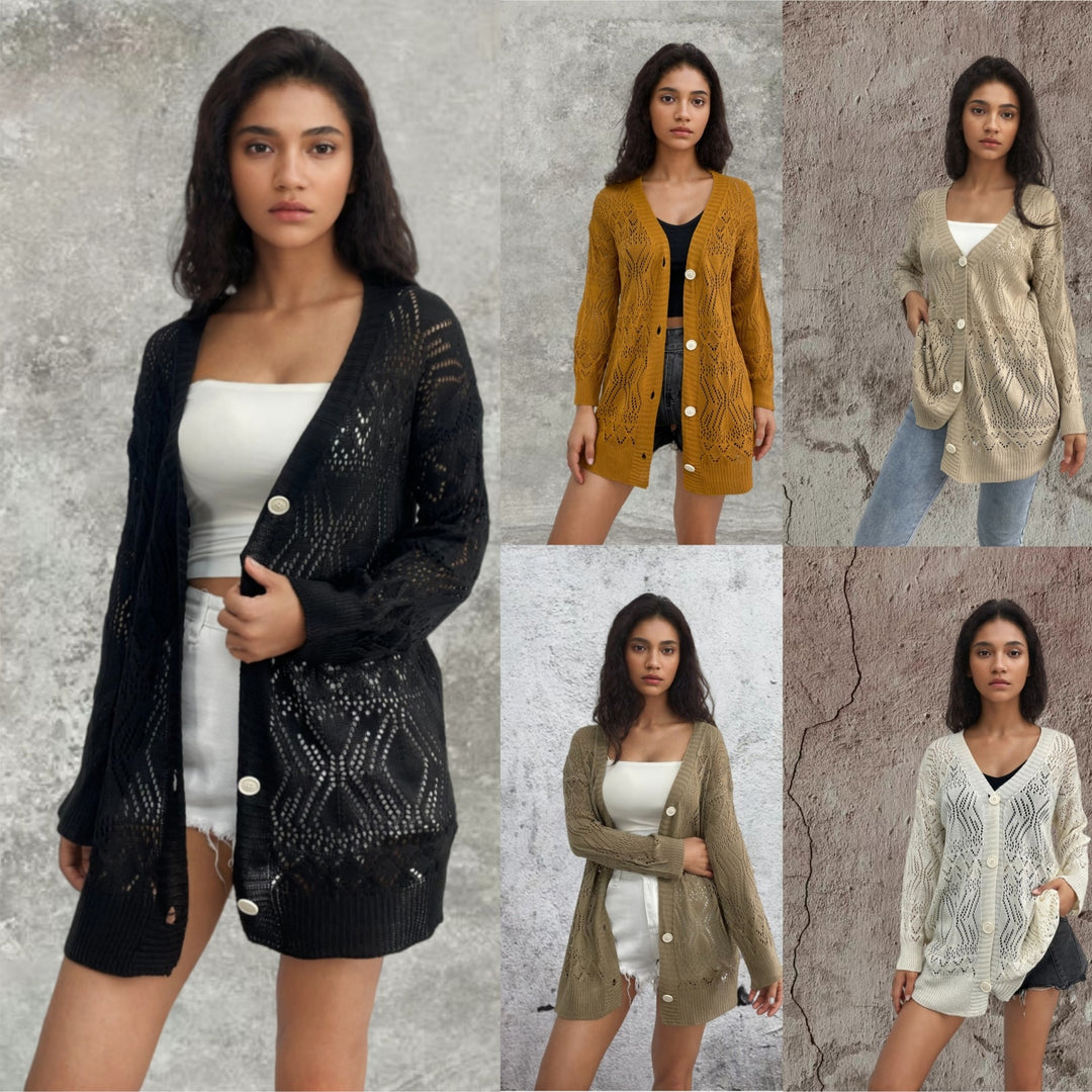 Damen Strickcardigan mit luftigen Mustern und Knopfdetails Drune