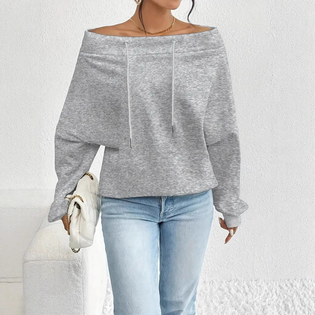 Damen lässiges Sweatshirt mit offener Schulterpartie und Kordelzug Drune