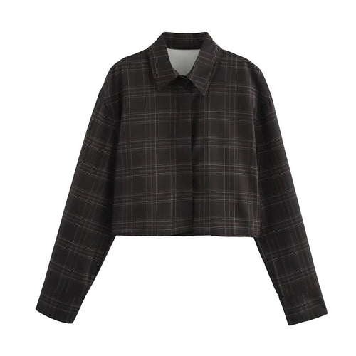 Damen Cropped Kastenförmige Hemdjacke im Karomuster mit verdeckter Knopfleiste Drune