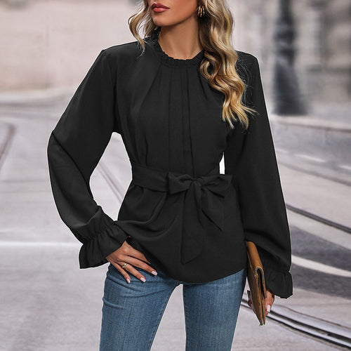 Damen Elegante Bluse mit Rüschendetails und Bindegürtel Drune
