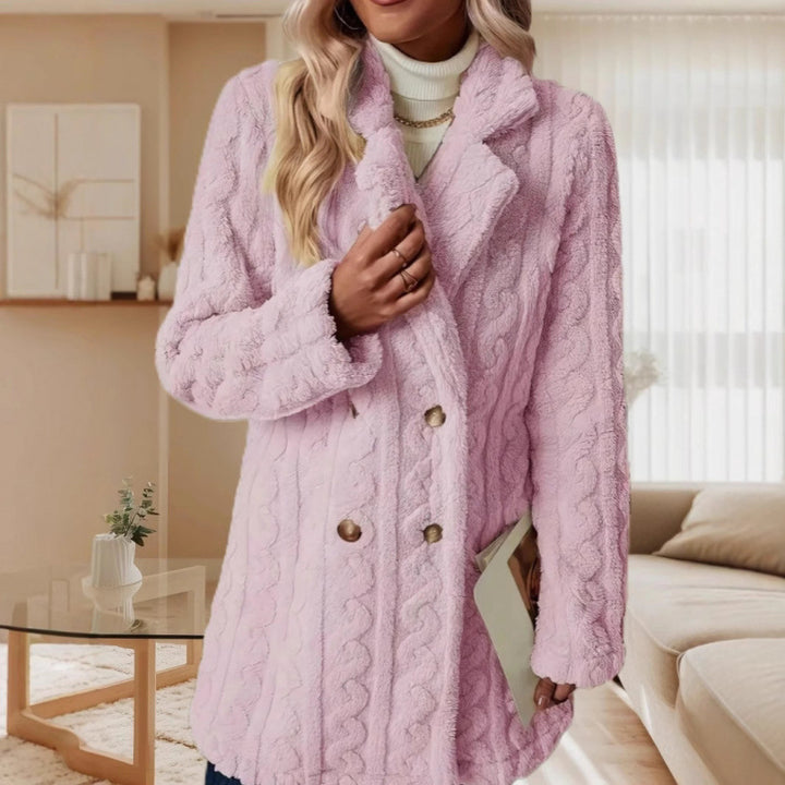 Damen Midilanger Teddy-Mantel mit Zopfmuster, Reverskragen und doppelt geknöpfter Front Drune
