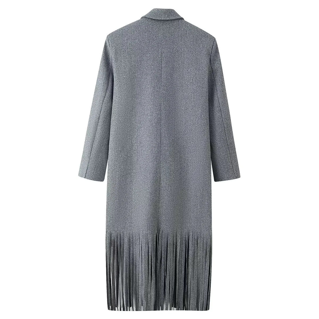 Damen nan langer zweireihiger Wollmix Mantel mit Fransenabschluss und Pattentaschen Drune