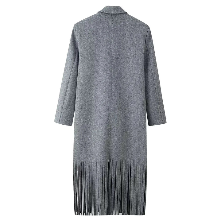 Damen nan langer zweireihiger Wollmix Mantel mit Fransenabschluss und Pattentaschen Drune
