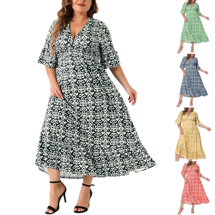 Damen Midikleid in A‑Linie mit grafischem Allover‑Print, geraffter Taillenpartie und Volantstufen Drune