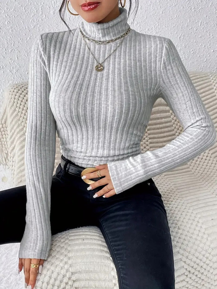 Damen Figurbetonter Rippstrick-Rollkragenpullover mit langen Ärmeln Drune